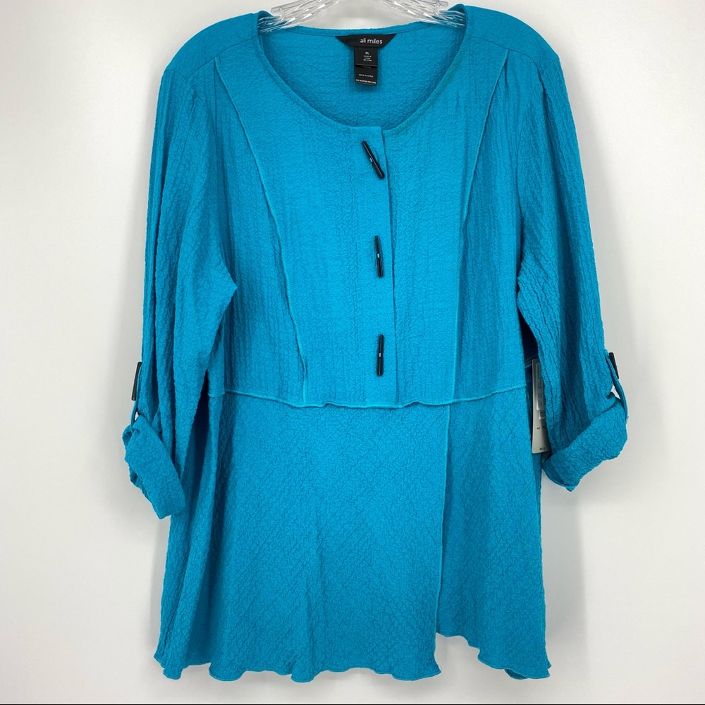 Ali Miles Turquoise Rolled Button Sleeve Blouse Scoop Neck Size PL